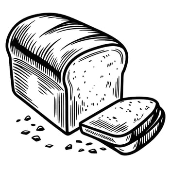 Hand drawn bread loaf with slices black and white vintage illustration of homemade baked goods, rustic vector
