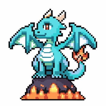 Pixel art dragon on flaming mountain blue mythical creature design vector