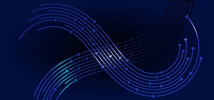 Blue arcs with dots on dark backdrop, some brighter vector