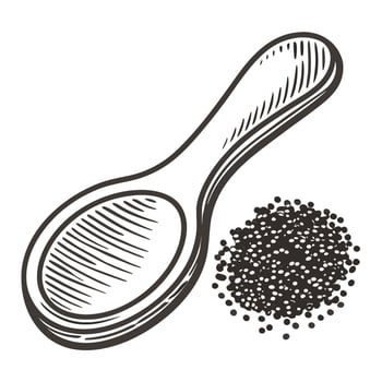 hand drawn wooden spoon with pile of coarse black pepper granules spice illustration in sketch vector