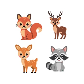 Cute Cartoon Forest Animals Set with Fox, Deer, Raccoon, and Fawn, Adorable Wildlife Characters Isolated on White Background for Kids Design. vector
