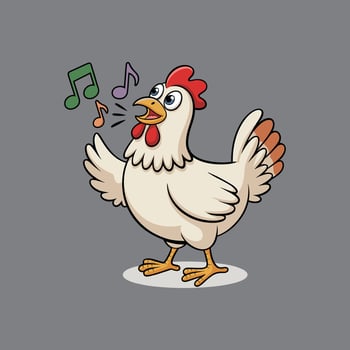 A cute cartoon chicken character is happily singing a song. Funny hen or rooster crowing with colorful musical notes. farm illustration.. vector