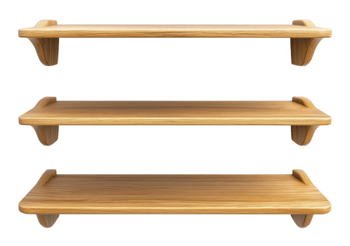 Set of three wall-mounted wooden shelves isolated on transparent background png
