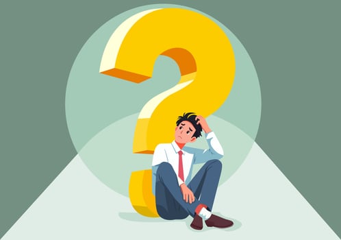 A young man sits confusedly next to a question mark. vector