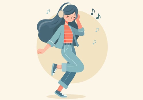 A woman is listening to music with headphones and dancing happily. vector