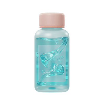 A bottle of blue hand sanitizer contains clear liquid with bubbles and a wavy design, suggesting its use for hygiene and cleaning. png