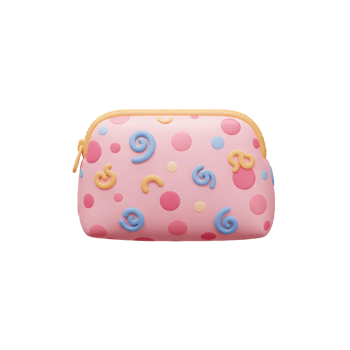 A pink pouch decorated with polka dots and swirls is shown, which can be used to carry small items. png