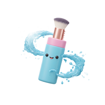A cartoon makeup brush smiles while surrounded by a blue liquid splash, ideal for use in whimsical beauty or skincare content. png
