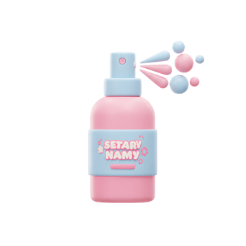 A pink and blue spray bottle emits droplets of water, providing hydration for skincare. png