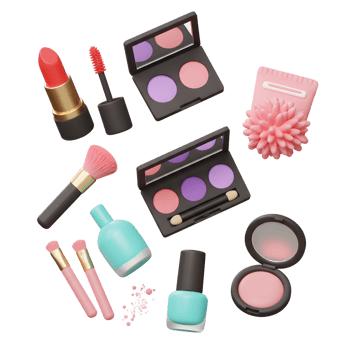 A collection of makeup items including lipstick, eyeshadow palettes, blush, nail polish, brushes and a cleanser creates a vibrant and colorful cosmetic ensemble for beauty enhancement. png
