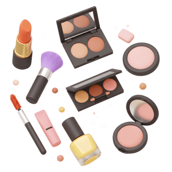 An arrangement of makeup items, including lipstick, brushes, and palettes are arranged on a white background for cosmetic applications. png