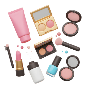 Collection of different cosmetic products are scattered on white background, including eyeshadow palette, lipstick, nail polish, blush and brush for makeup application. png