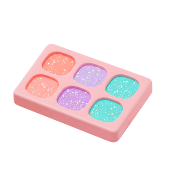 This pastel pink makeup palette contains coral, purple, and turquoise eyeshadows with glitter to create a colorful makeup look. png