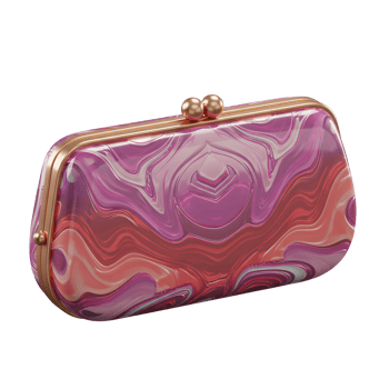 This clutch bag features a flowing abstract design and a golden frame, providing a stylish accessory for evening events. png