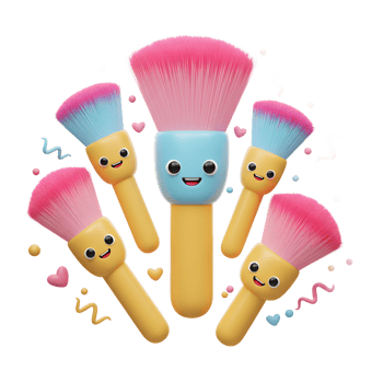 Group of cute cartoon makeup brushes with smiling faces surrounded by hearts and squiggles used for cosmetic application. png