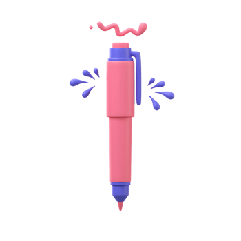 A pink and purple pen is shown with ink splashes, suggesting creative writing or drawing activities. png