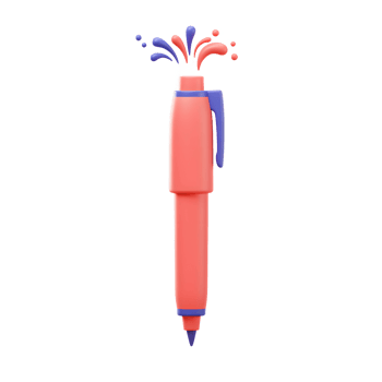 A salmon-colored pen is depicted with a blue clip, nib, and abstract explosion of blue and red ink coming out of its top, suitable for illustrating creative writing. png