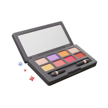 A gray eye shadow palette with a mirror, brush, and various color shades is shown for cosmetic application. png