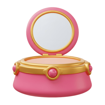 A pink and gold compact with an open mirror is displayed, offering convenience for applying makeup anytime. png