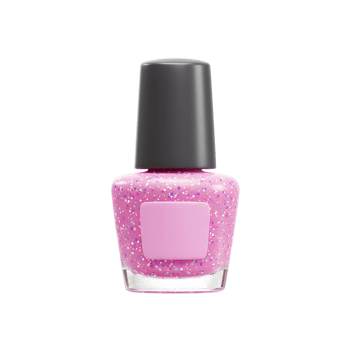 A bottle of glittery pink nail polish with a gray cap is shown in a clean, well-lit setting and can be used for cosmetic purposes. png