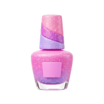 A bottle of pink and purple nail polish with white speckles sits on a white background to paint nails. png