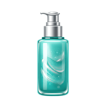 A bottle filled with turquoise liquid containing white swirl elements, providing visual appeal for personal care or cosmetic purposes. png