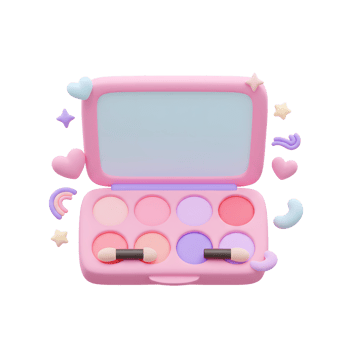 A pink makeup palette features various eyeshadow colors with applicators, surrounded by decorative shapes, and is ideal for beauty related content. png