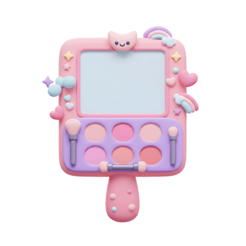 A pink makeup palette with cartoon decoration can be used for play. png