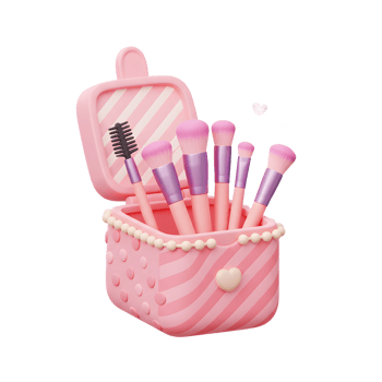 Various makeup brushes are arranged neatly inside a cute pink case, ideal for organizing cosmetic tools. png