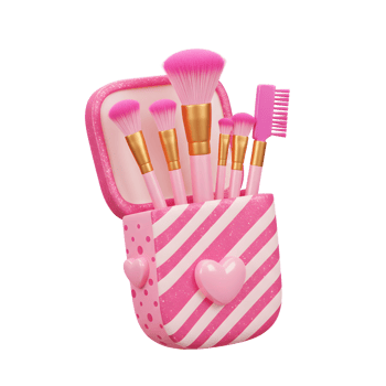 A set of pink makeup brushes, including a brow comb, are held in a sparkly pink striped holder with a heart accent, ready for beauty application. png