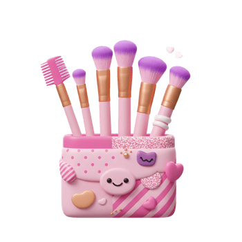 Makeup brush set in a pink holder features hearts and a smiley face design, adding a playful touch to a makeup collection. png