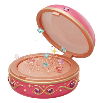 An opened pink cosmetic powder compact is depicted with glitter and gemstones seemingly floating above the powder, likely for applying makeup. png
