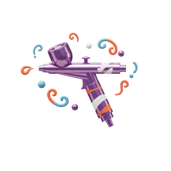 A purple airbrush is displayed surrounded by colorful swirls and spheres, ideal for illustrating artistic applications and decoration. png