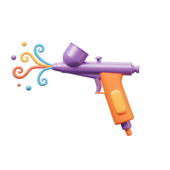 A purple and orange airbrush gun sprays swirls of blue, yellow, and orange paint, suitable for arts and crafts projects. png