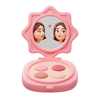 A pink makeup powder compact with mirror reflects a cartoon woman with hearts and sparkles, showcasing a beauty accessory. png