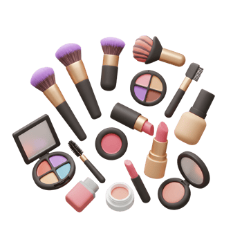 A collection of makeup products and tools are arranged on a white background, useful for creating a beauty look. png