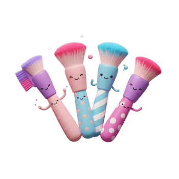 Animated makeup brushes in various pastel colors feature smiling faces and playful designs, ideal for children's educational content and promoting healthy skincare habits. png