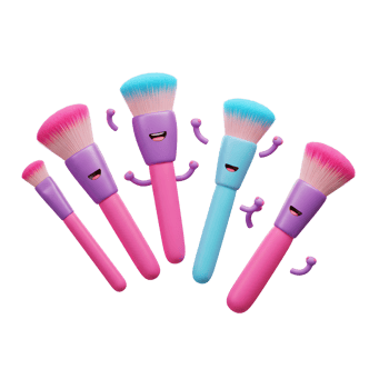 A group of happy cartoon makeup brushes are playfully posed with smiling faces, offering a whimsical touch for cosmetic application. png