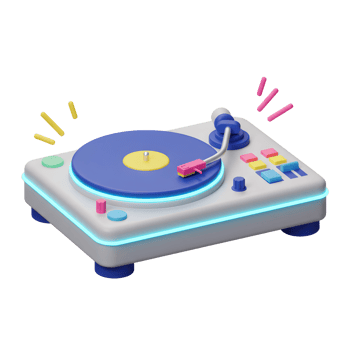 A colorful turntable with a blue record and pink needle is shown playing music, ideal for party themes. png