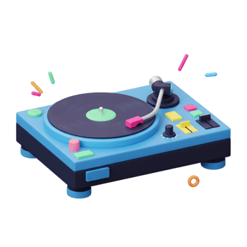 A blue turntable with a black record plays music, surrounded by floating confetti, creating a festive atmosphere for entertainment. png