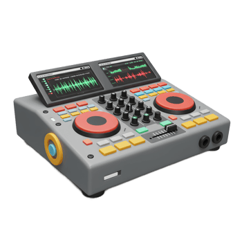 This is a cartoon DJ mixer with a sound wave display and multiple knobs, used for mixing and creating music. png