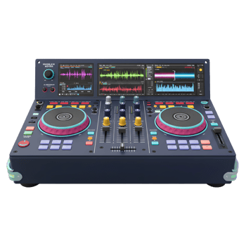 A dark blue DJ controller console features a digital display, knobs, buttons, and turntables, making it perfect for professional music production. png