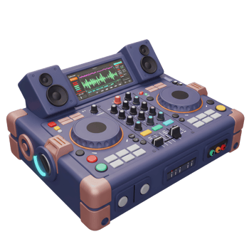 This is a colorful DJ mixer controller featuring knobs, buttons, a screen, and speakers, designed for creating and performing music. png
