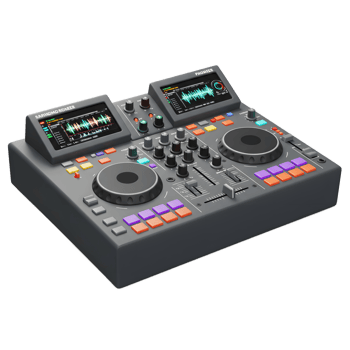 A gray DJ controller with two displays, knobs, buttons, and jog wheels sits against a plain background and is used for mixing audio. png