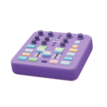 A purple audio mixer with various buttons and sliders is shown on a white background, which can be used for music production. png