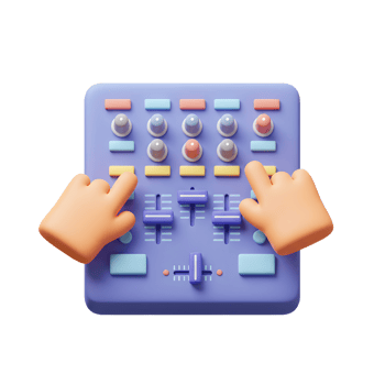 A DJ mixer with two hands adjusting the controls, likely to be used for music production or live performances. png