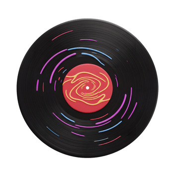 A black vinyl record is decorated with colorful swirls and a red center label, adding a vibrant touch to any music lover's collection. png