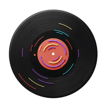 This stylized vinyl record features colorful accents and a red center label, representing a modern take on classic music formats and suitable for creative projects. png