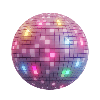 Close up disco ball reflects colorful light in a dark space to create a party mood. png