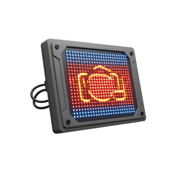 An LED sign displays a camera icon in red and orange, bordered by blue lights, ideal for attracting attention to photography-related businesses or services. png